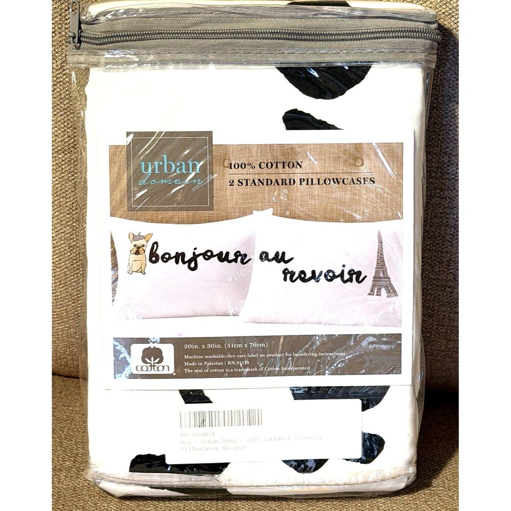 Urban Domain Pack of 2 Standard Pillowcases Bonjour au revoir NEW 100% Cotton